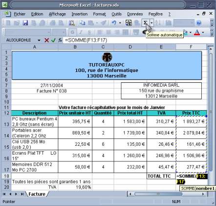 calcul du total ttc sur Excel