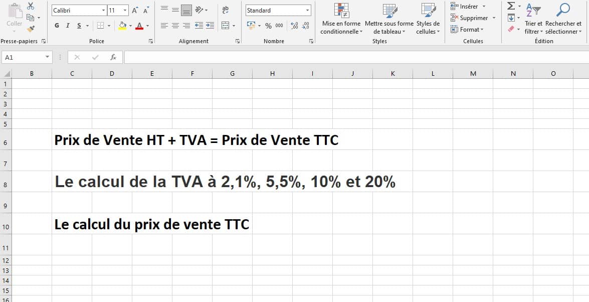 Formule de calcul de la TVA Excel sur un prix de vente HT sur Excel